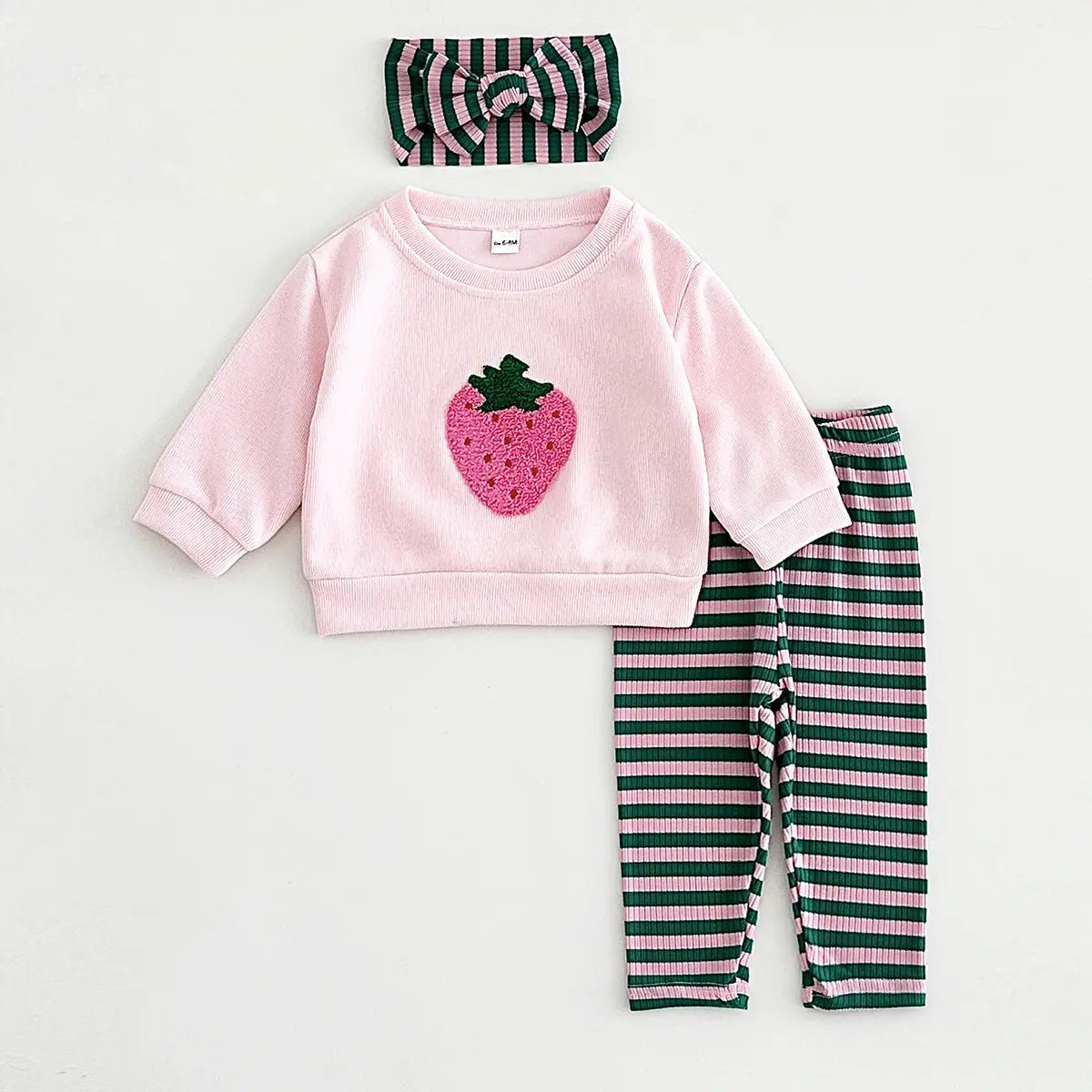 Baby Girls' Outfit Set, 3-Piece Toddler Strawberry Patchwork Long Sleeve Sweatshirt, Striped Pants & Headband, Spring Autumn Wear 6-9 Months, Strawberry Patchwork Design