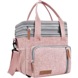 Lunch Bag for Women Men, Expandable Large Adult Insulated Lunch Box for Work, Leakproof Double Deck Lunch Box Cooler Tote Bag with Reable  Strap (PINK)