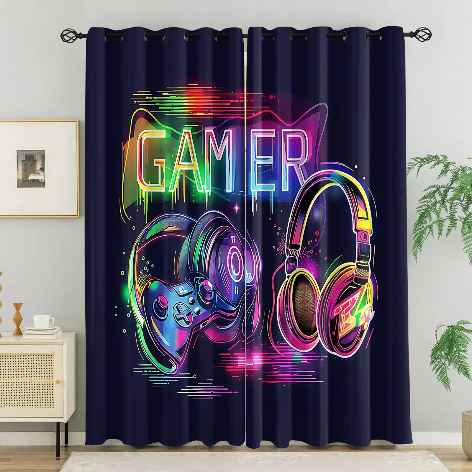 Neon Gamer Curtains 2 Panels, Cool Gaming Printed Curtains, 80%-90% Light Blocking Darkening Curtains, Video Game Controller Headset Decoration Curtains for Teen Boys Gaming Room & Bedroom, Home Decoration Window Curtain