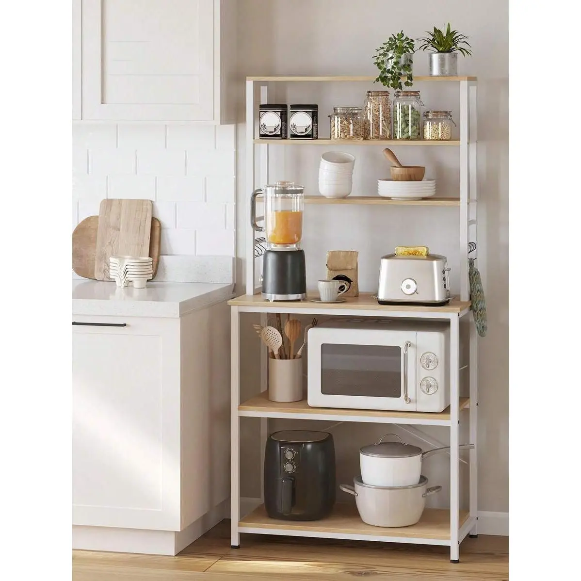 Industrial Baker's Rack with Anti-Tip Kit - Stable Metal Microwave Oven Stand, Tall Kitchen Utility Storage Shelf with 6 Hooks, Adjustable Middle Lower Shelf, Above 25 kg Capacity, Assembly Required, 15.7"d x 31.5"w x 65.7"h, Attach To The Wall
