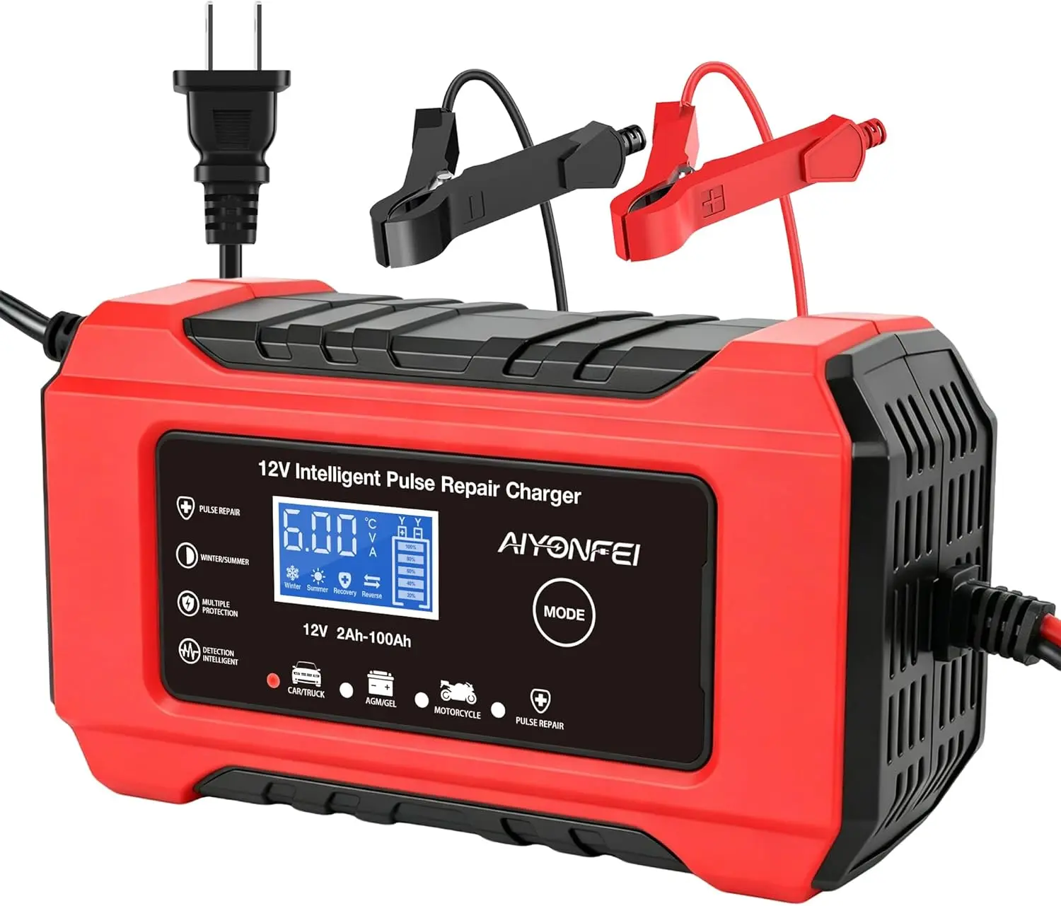 6A 12V Car Battery Charger Smart Maintainer Trickle Charger, Red | Smart Battery Desulfator, Temperature Compensation, for Car Truck Motorcycle, Lawn Mower Marine