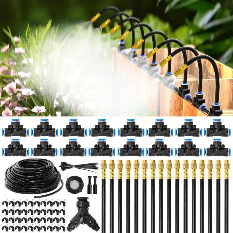 1/4 inch drip irrigation system, hose, Garden Watering Sprinkler, flexible shaping garden irrigation kit, with adjustable brass nozzle, automatic atomizing irrigation system, suitable for outdoor, elevated beds, potted plants, Sprinklers for Yard