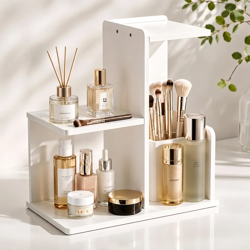 3-Tier White Desk Organizer Shelf with Drawer - Multi-Functional Desktop Storage Rack for Organizing Makeup, Aesthetic Office Supplies, Office Accessories, Study Desk, Dorm Room - Modern Minimalist Home Organizer, Space Saver, Office Desk Accessory, Compu