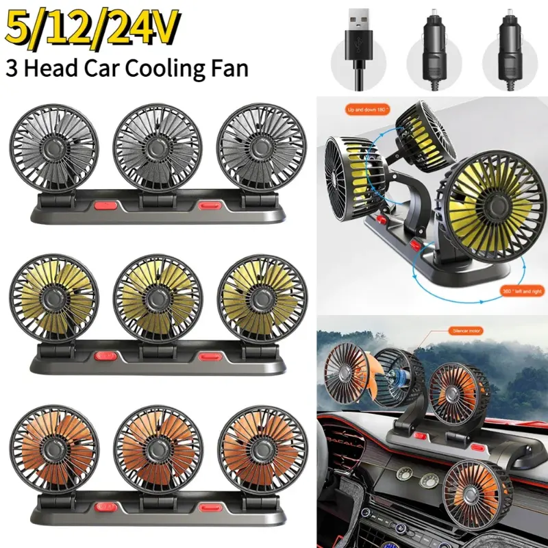 Car Fan 12v Automotive fan Car Fan 24v 360° Adjustable 3 Head Air Fan Low Noise Multifunctional Temporary Parking Card Auto Vehicles fan bathroom  hoider Breathable Anti-Slip Leather Steering Wheel Cover cool car accesories mobile phone holder travel tray