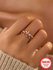 Exquisite S925 Silver Color Butterfly Ring with Cz Stones, Adjustable Double Layer Flower Design, Perfect Jewelry Gift for Women, Adjustable Rings