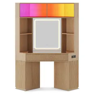 SIKAIC Makeup Vanity - Luxury Fluted Wooden Corner Vanity Desk with Sound-Sync LED Lights, Glass Top, Mirror, Power Outlet, Shelves, Drawers and Cabinets