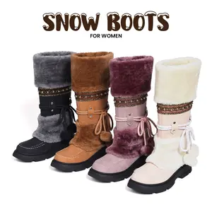 Womens Mid Calf Snow Boots Round Toe Block Heel Pull On Lace Faux Fur Cozy Warm Comfortable Boots Fashion Party Dress Trendy Knight Boots