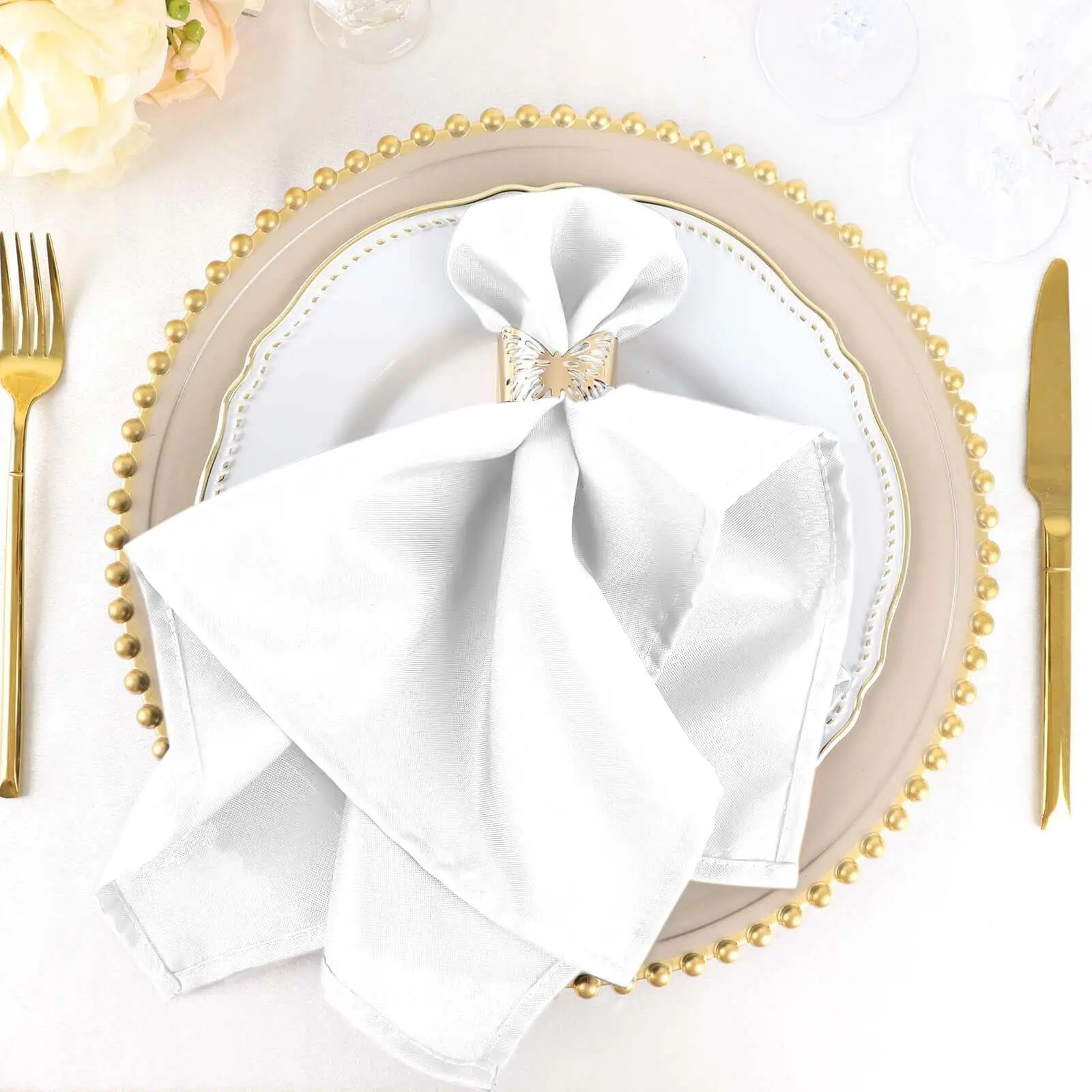5-Pack Premium Polyester Tableware Napkins, 20"x20" White - Durable, Wrinkle-Resistant for Classy Weddings & Wedding Cocktail Events, Wedding Cocktail Napkins
