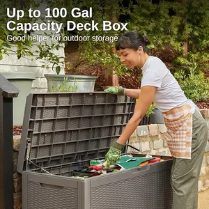 EAST OAK Outdoor Storage Box, 100 Gallon Deck Box, Waterproof Resin Storage Bench for Patio Cushions, Gardening Tools, Pool Toys, Lockable, UV Resistant, Grey