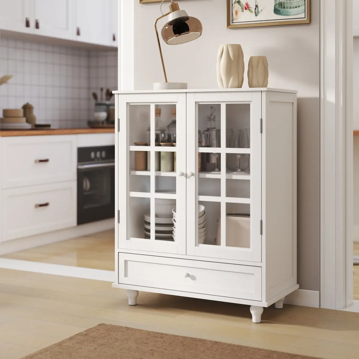 Minimalist White Buffet Cabinet with Double Glass Doors & Drawer Modern Wooden Storage Sideboard for Living Room Dining Room Hallway Entryway UV-Painted MDF Tempered Glass
