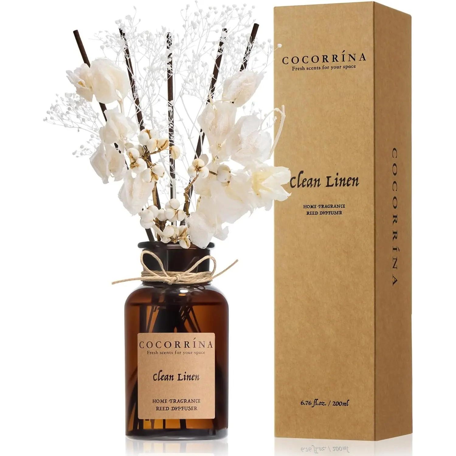 Cocorrína Refillable Reed Diffuser Set - 6.7oz Wide Neck Glass Bottle Home Fragrance Products with Real Preserved Flowers, Real Flower Detail, Clean Linen Aromatic Scents, Sticks, Bedroom Aroma for Home, Shelf Decor