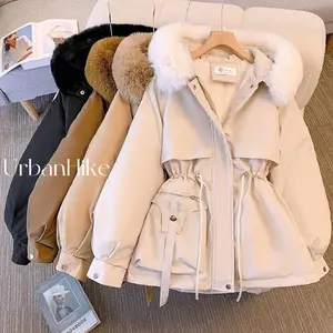 Urbanlike [2026] New Fashion Women Winter Jacket with Fake Fur Collar Oversized Long Coat Hooded Warm Lining Female Puffer Jacket Parkas Mujer Casual Womenswear Outerwear Tops Basic Fitted Minimalist