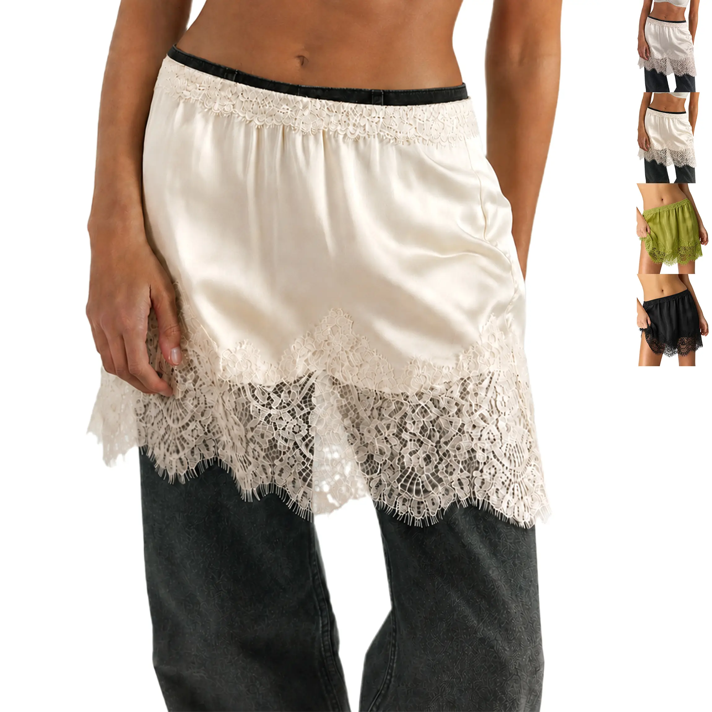 Buenoble Women Lace Trim Satin Slip Mini Skirt Layering Over Jeans,Y2K Coquette Low Waist Lace Overlay Skirt,Summer & Fall Going Out Layered Outfit