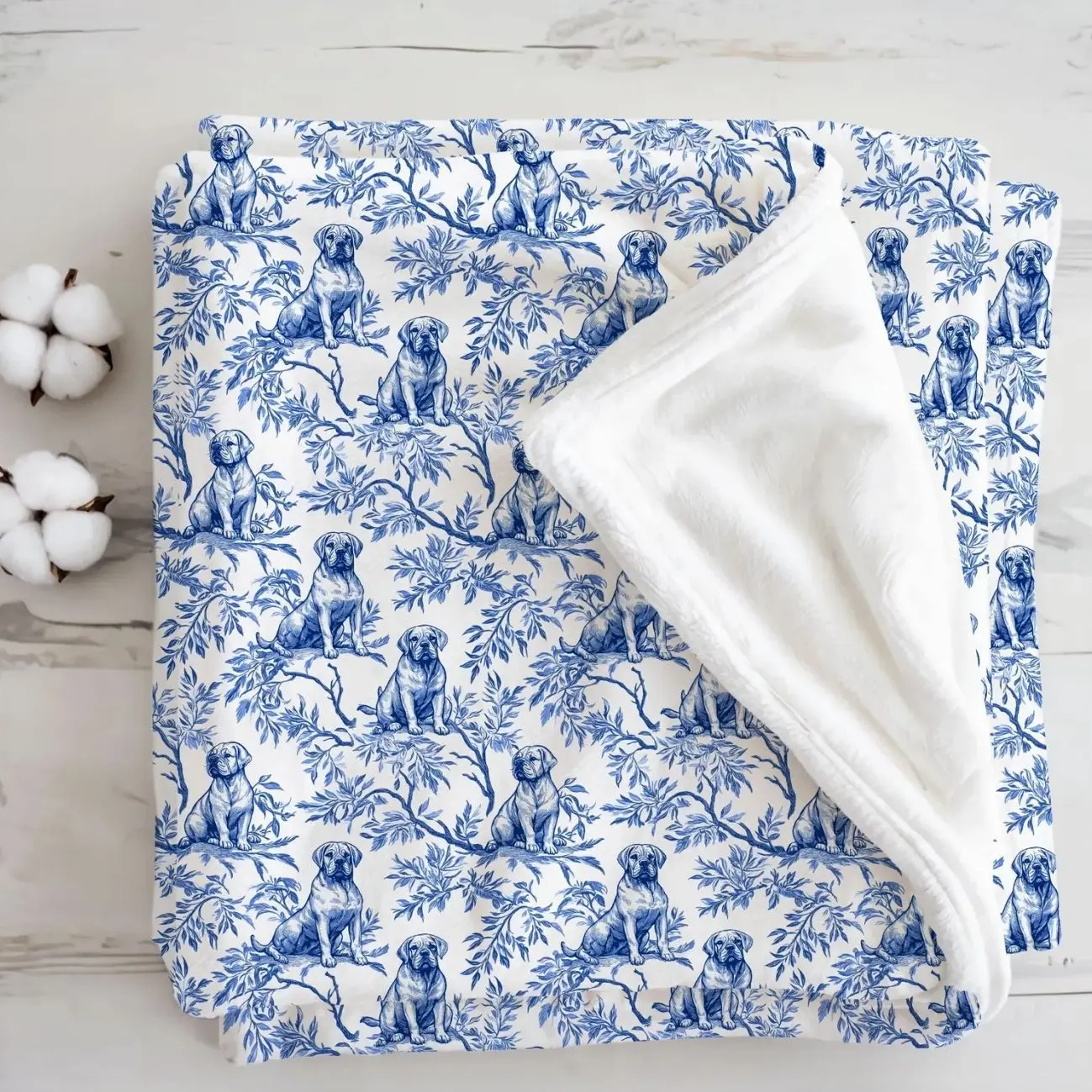 Mastiff Blue Chinoiserie Toile De Jouy Sherpa Blanket, Custom Blanket For Dog Lovers, Warm Sofa/Bed Throw, Birthday Gift & Holiday Present