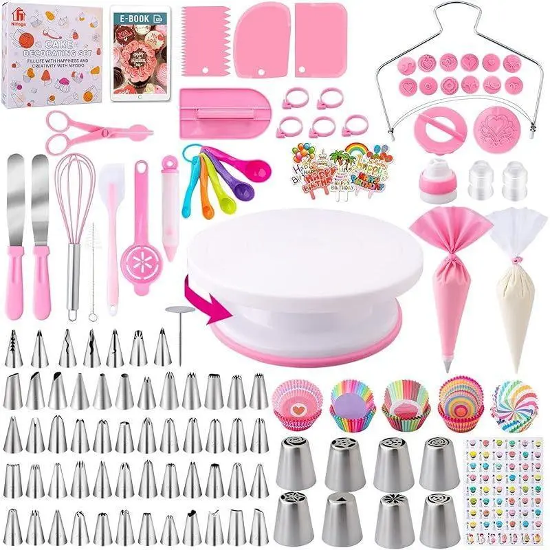 356pcs Beginners Cake Piping Tools Kit With Smooth Revolving Turntable Full Baking Decorating Accessories Fondant Molds Spatula Scraper E Book Guide For DIY Cake Making