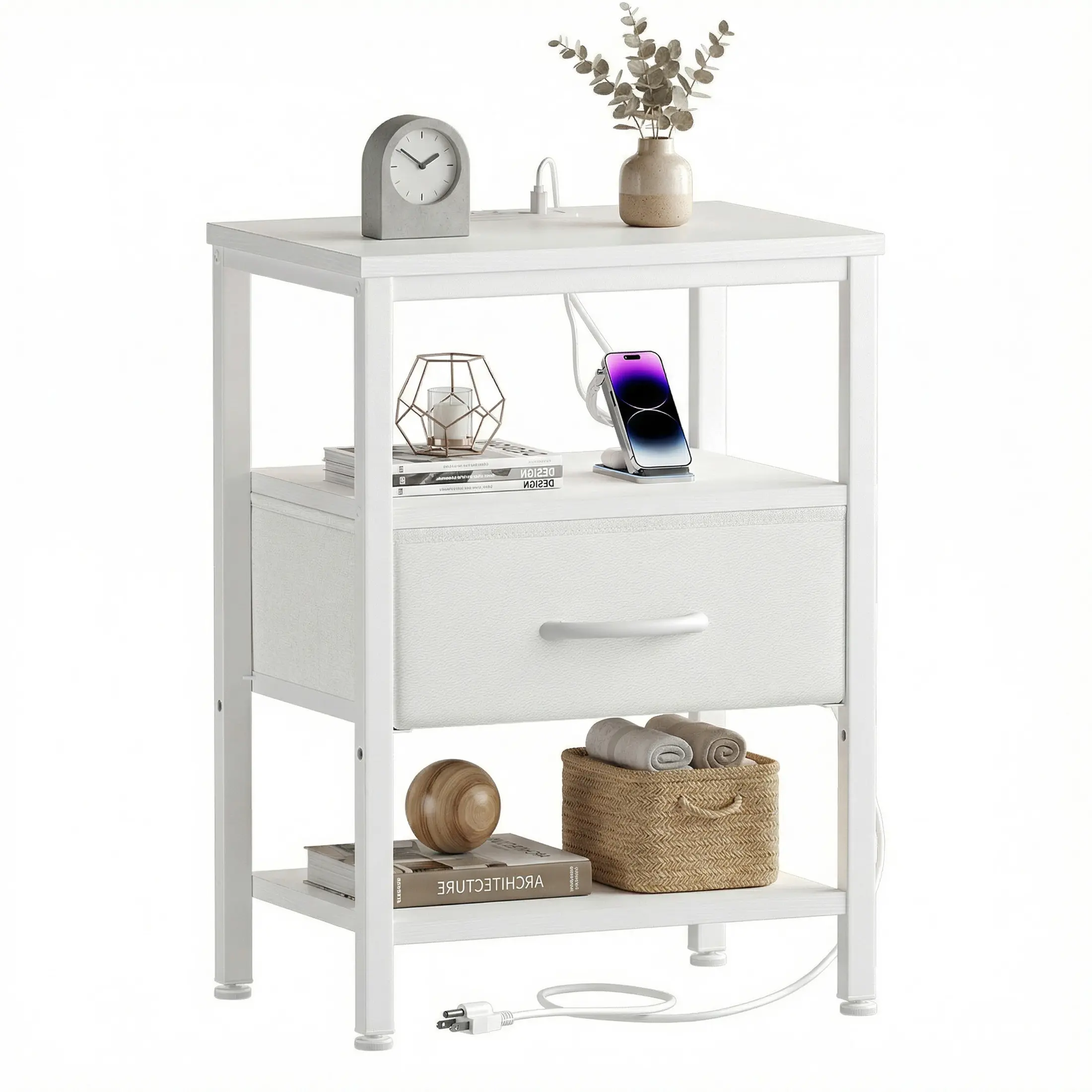 Sweetcrispy Bedside Table - Contemporary Modern Wood End Table with Built-in Charging Station, Sturdy 3-Tier Storage, Adjustable Fabric Drawer, Contemporary End Table