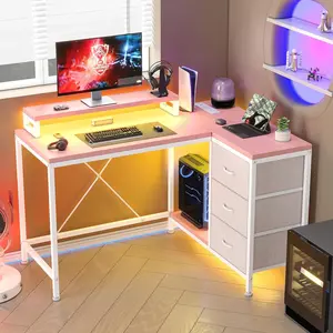 L Shaped Gaming Desk with 4 Tier Drawers, L Shaped Desk with Power Outlets and Led Lights, Home Office Desk with Monitor Stand, 43 Inch Gaming Table for Bedroom, Study Writing Gaming Desk-pink