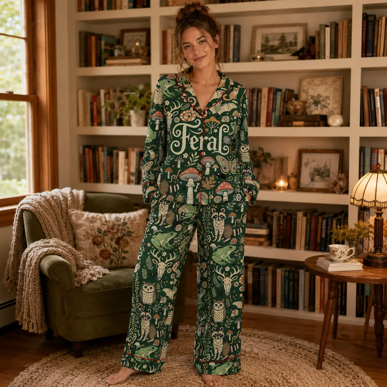 Women's Feral Goblincore Pajama Set, 2-Piece Silky Satin Set with Skeleton, Moss & Raccoon Details, Features an Elastic Waist for Effortless Elegance, Get Ready With Me, Pants, Breathable, Bottom, Cute Pajamas, Silk Satin, Machine Washable, Pyjama Sets