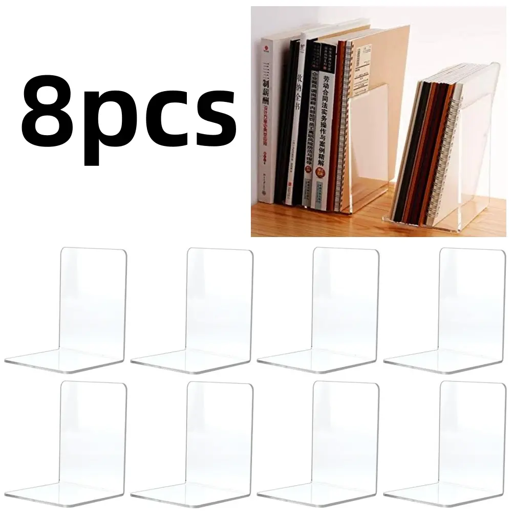 8 piece Transparent L-Type Bookends Clear Acrylic Bookends Plastic Heavy Duty Book Holders Stand for Office Home Weighted Bookends