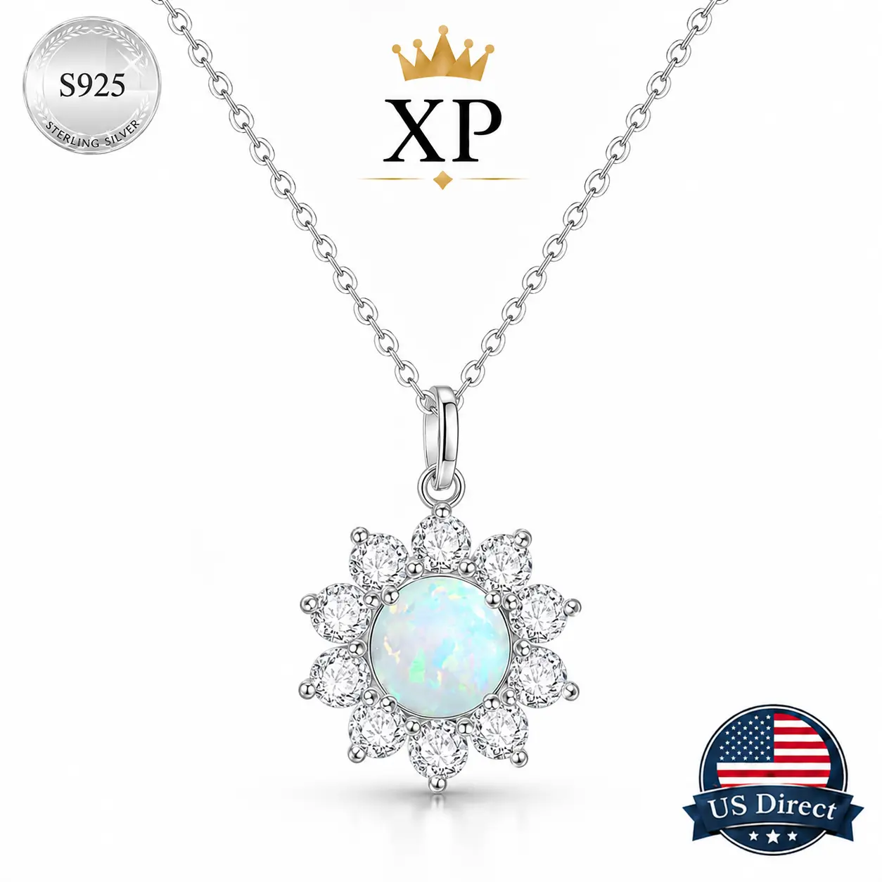 925 Sterling Silver Opal Necklace for Women, Crystal Flower Pendant Necklace, Dainty Birthstone Jewelry Gift for Her