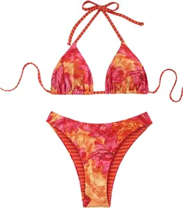 Women's 2 Piece Floral Halter Reversible Swimsuit String Bikini Sets Tie Backless Bathing Suit