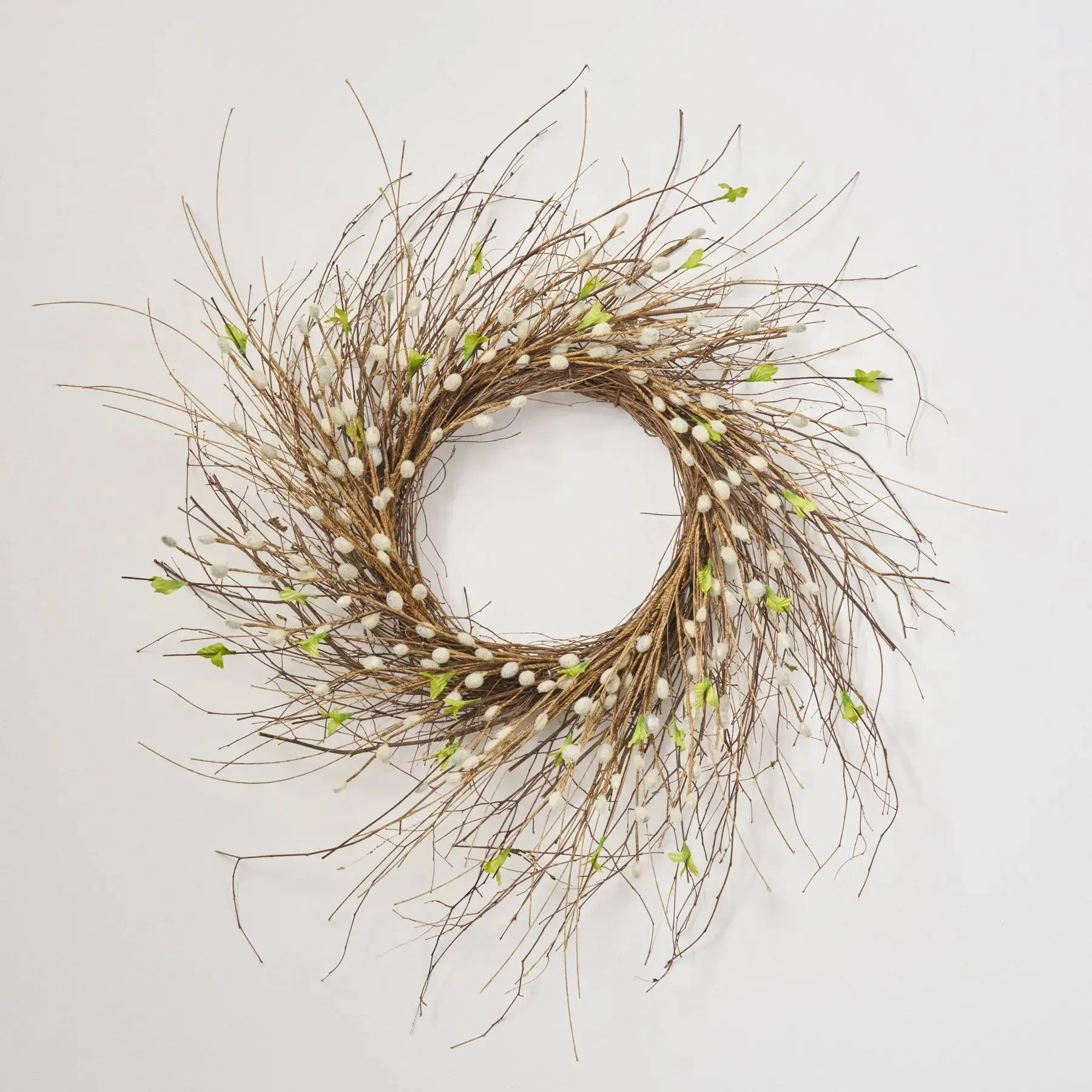 Handmade Round Lifelike Faux Pussy Willow & Wispy Birch Twig Wreath, Durable Fade-Resistant Decorative Hanging Ornament for Front Door, Indoors (Spring-Summer Use)