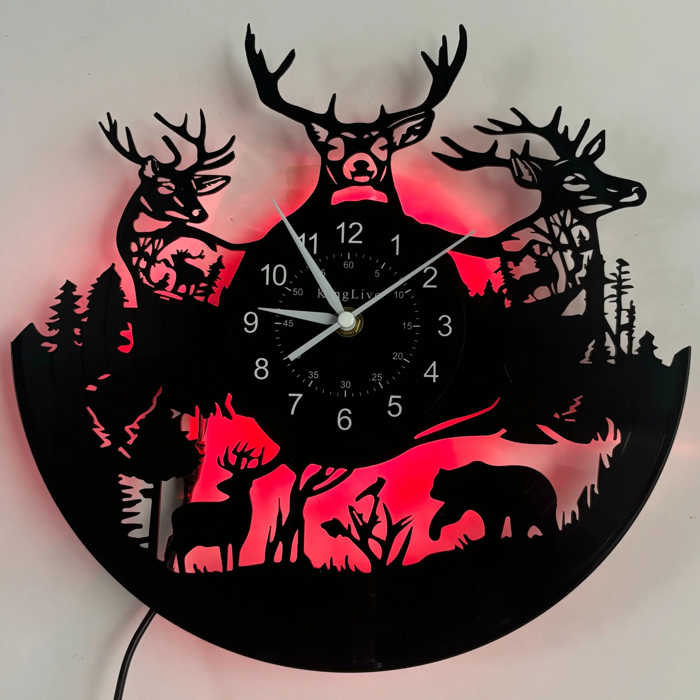 Vintage Forest Deer Vinyl Lighted Wall Clock, Led Wall Clocks, Christmas & Easter Themed Seven-Color LED Display, Creative Decorative Clock, Home & Office Decor, Unique Bar Decoration
