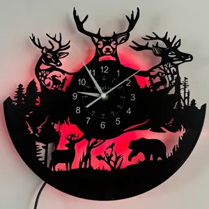 Vintage Forest Deer Vinyl Wall Clock, Christmas & Easter Themed Seven-Color LED Display, Creative Decorative Clock, Home & Office Decor, Unique Bar Decoration