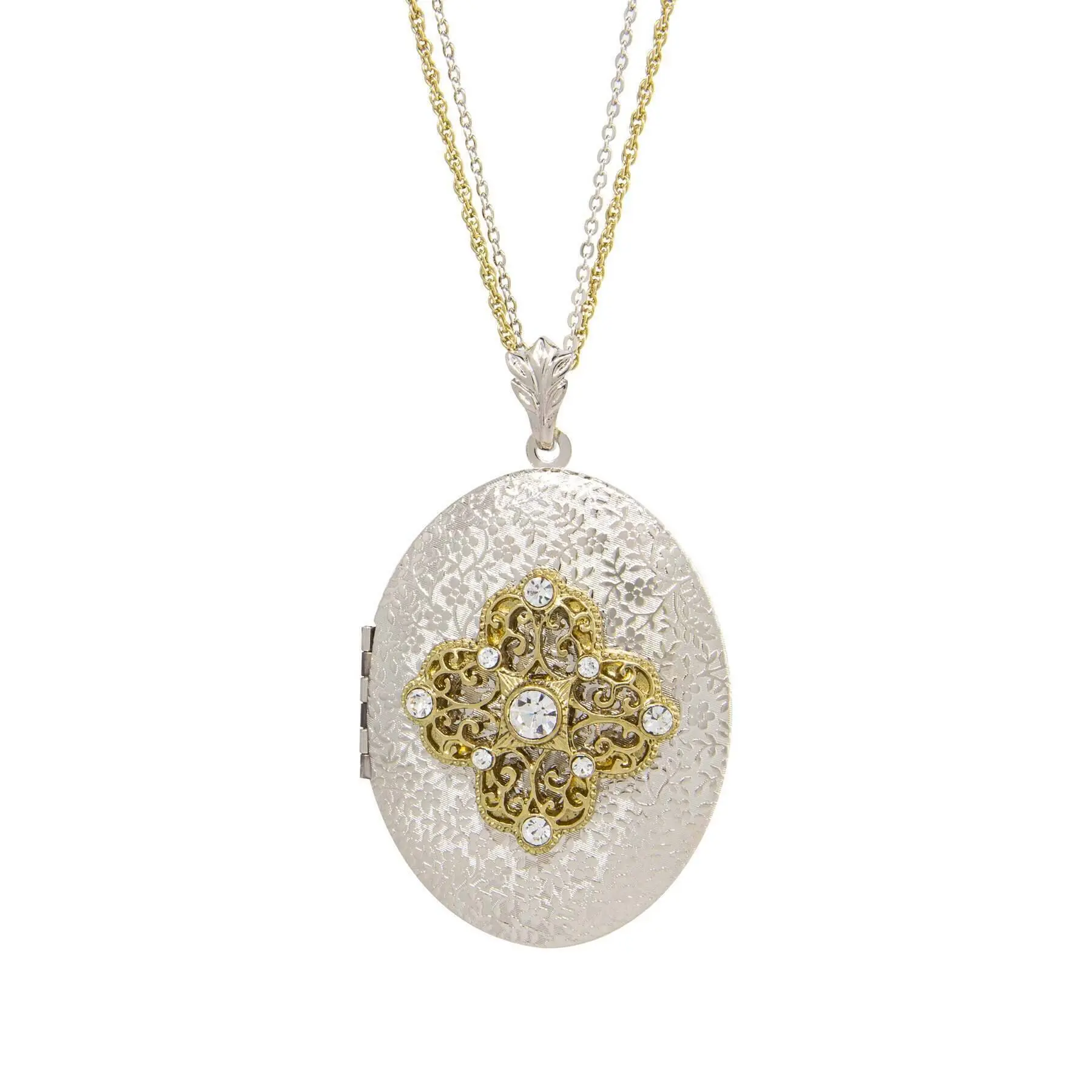 Oval Floral Filigree & Crystal Photo Locket Necklace 32"