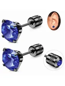 2 Pcs 316 Stainless Steel Threaded Clasp Earrings, Unisex Cubic Zirconia Studs, Daily Wear, Multiple Colors Available
