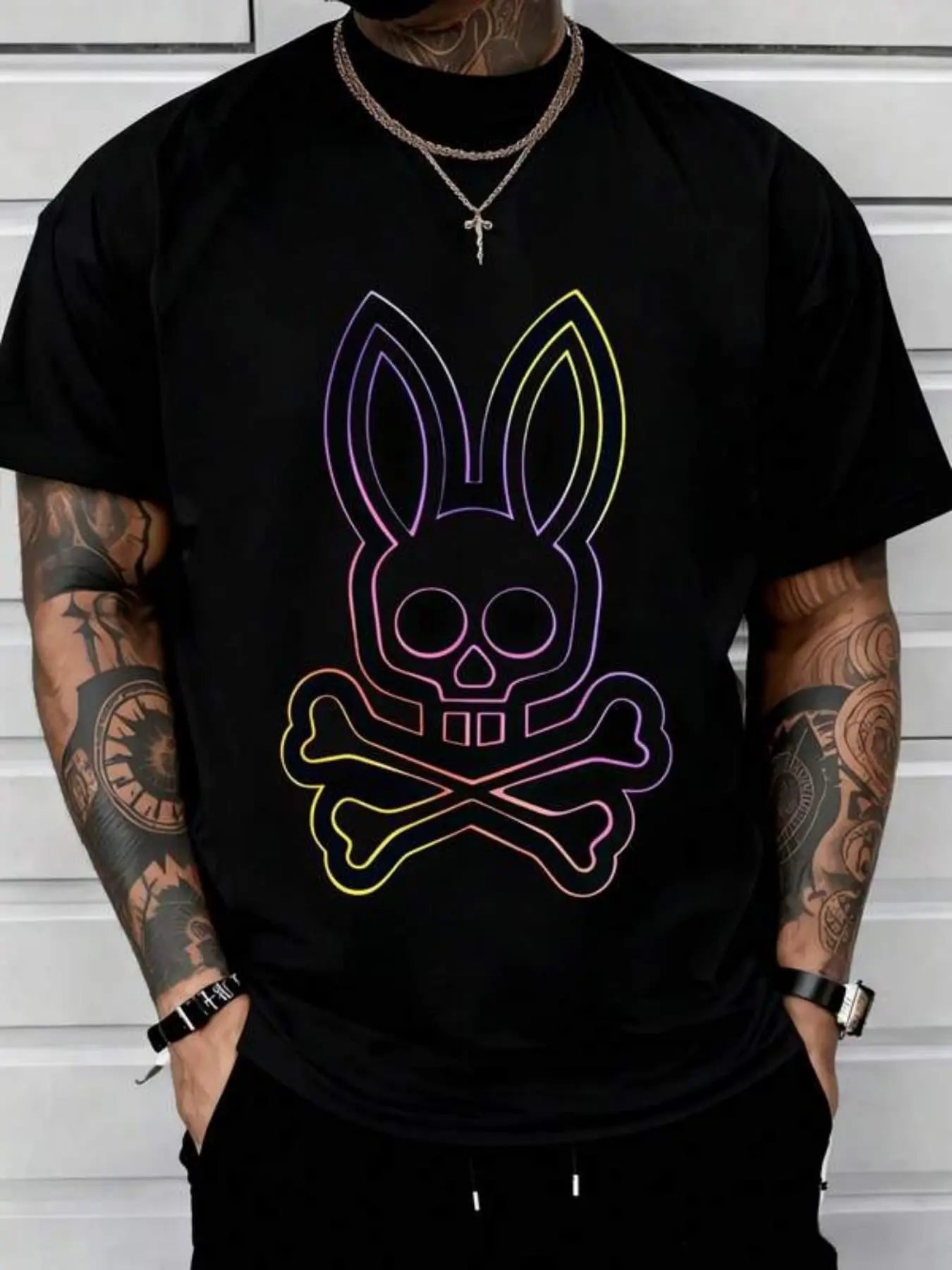 Men's Pure Cotton Short-Sleeve Crew Neck T-Shirt - Black, Neon Bunny-Eared Skull Print, Regular Fit, Soft Breathable Top for Daily Commuting, Club Wear, Ideal Holiday Gift for Friends