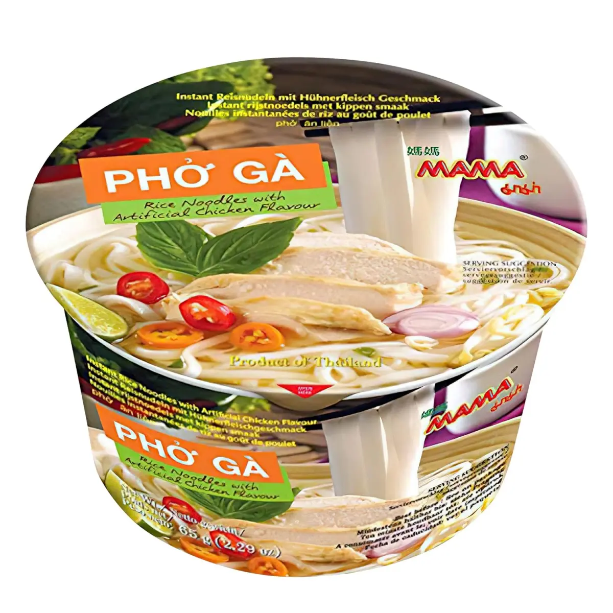 MAMA Vietnamese-Style Instant Chicken Pho Ga Bowl Noodles, Thai President Foods Ambient Pantry Item, Low Calorie Snacks with Fish Sauce, Trans-Fat-Free, Chewy Texture, Spicy Salty-Savory Flavor, Suitable for All Ages