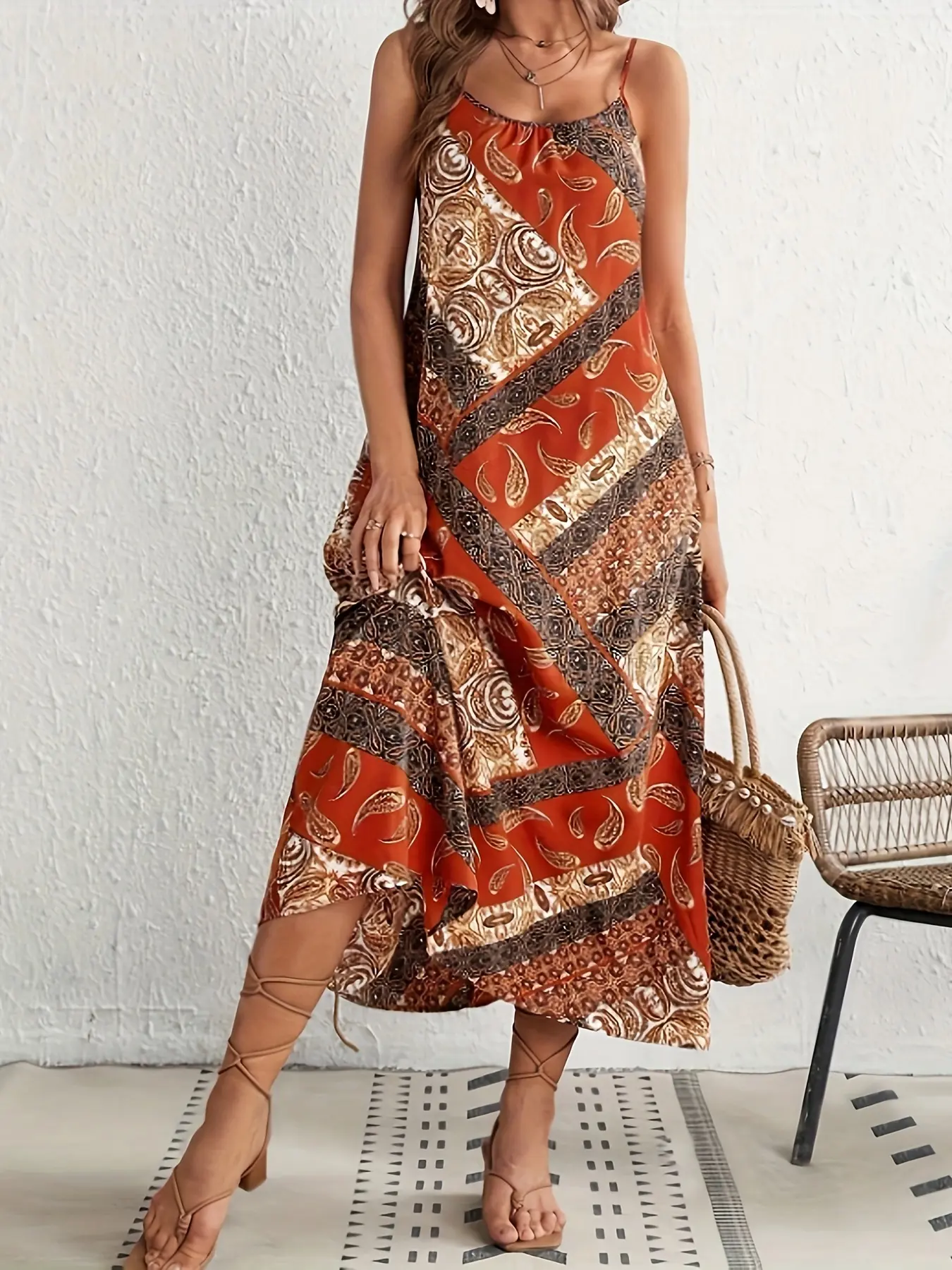 1 piece of women's color-block geometric pattern printed backless Lightweight Woven summer dress, Boho Backless Sundress, Casual Wear, Bohemian Boho vacation style