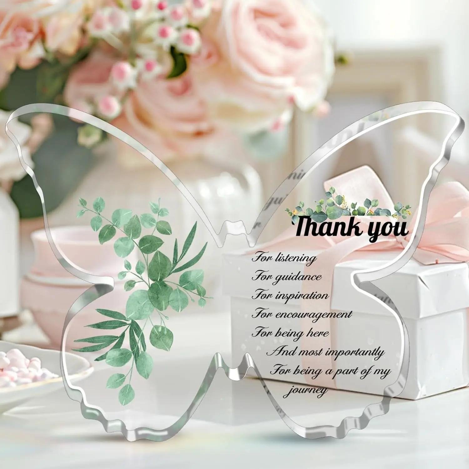 Acrylic butterfly thank you decor with heartfelt gratitude message—“For listening, guidance, inspiration & being part of my journey”. A meaningful gift to show appreciation to those who stand by you,Gratitude Gift,Desk Decor, Acrylic Plaque