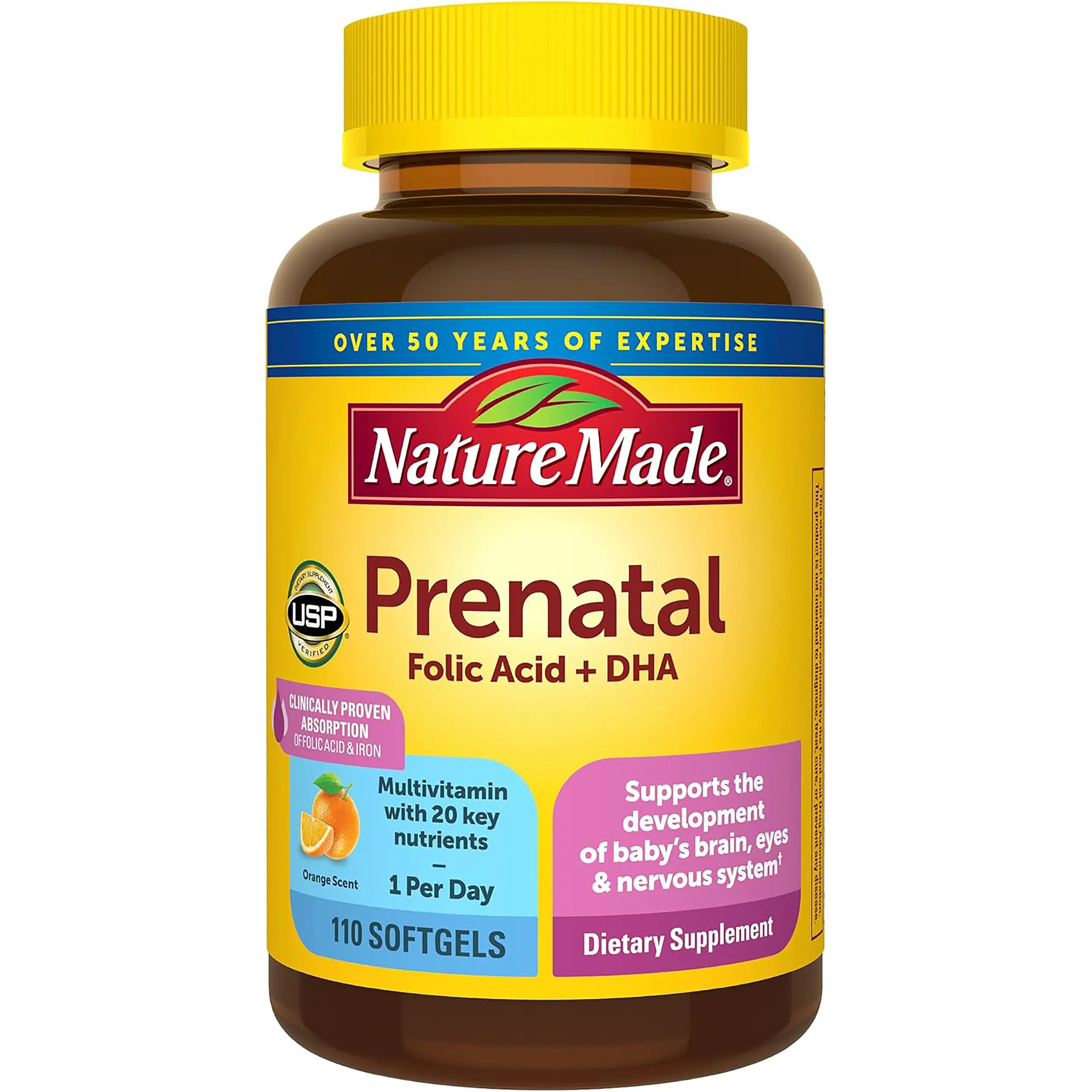 Nature Made Prenatal with Folic Acid + DHA, Prenatal Vitamin and Mineral Supplement for Daily Nutritional Support, 110 Softgels, 110 Day Supply