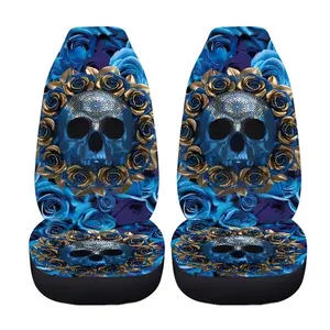 Blue Rose & Skull Pattern Car Seat Covers Set, Universal Fit for Men & Women, Protects Front Seats in Cars, Suvs, Trucks