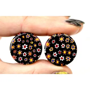Black Glass Floral Plugs with Copper Flash