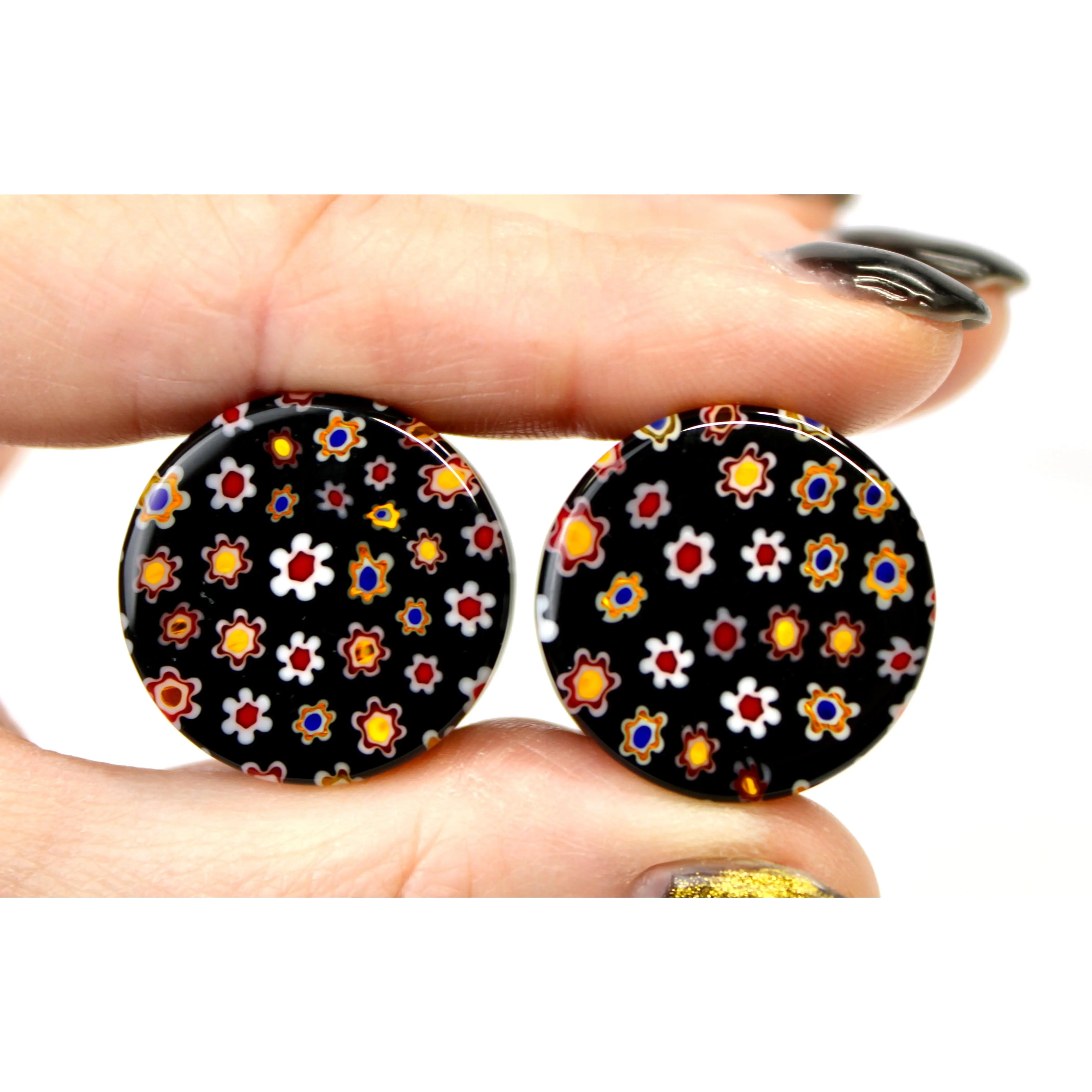 Women's Black Glass Floral Ear Studs - Copper Flash Flower Body Jewelry, Body-Safe Piercing Accessory Pack, Earrings for Decorative Use