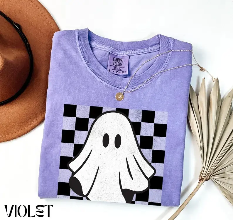 Comfort Colors Checkered Ghost Shirt, Ghost Checkered Shirt, Cute Ghost Tee, Cute Halloween Preppy Halloween Shirt for Woman