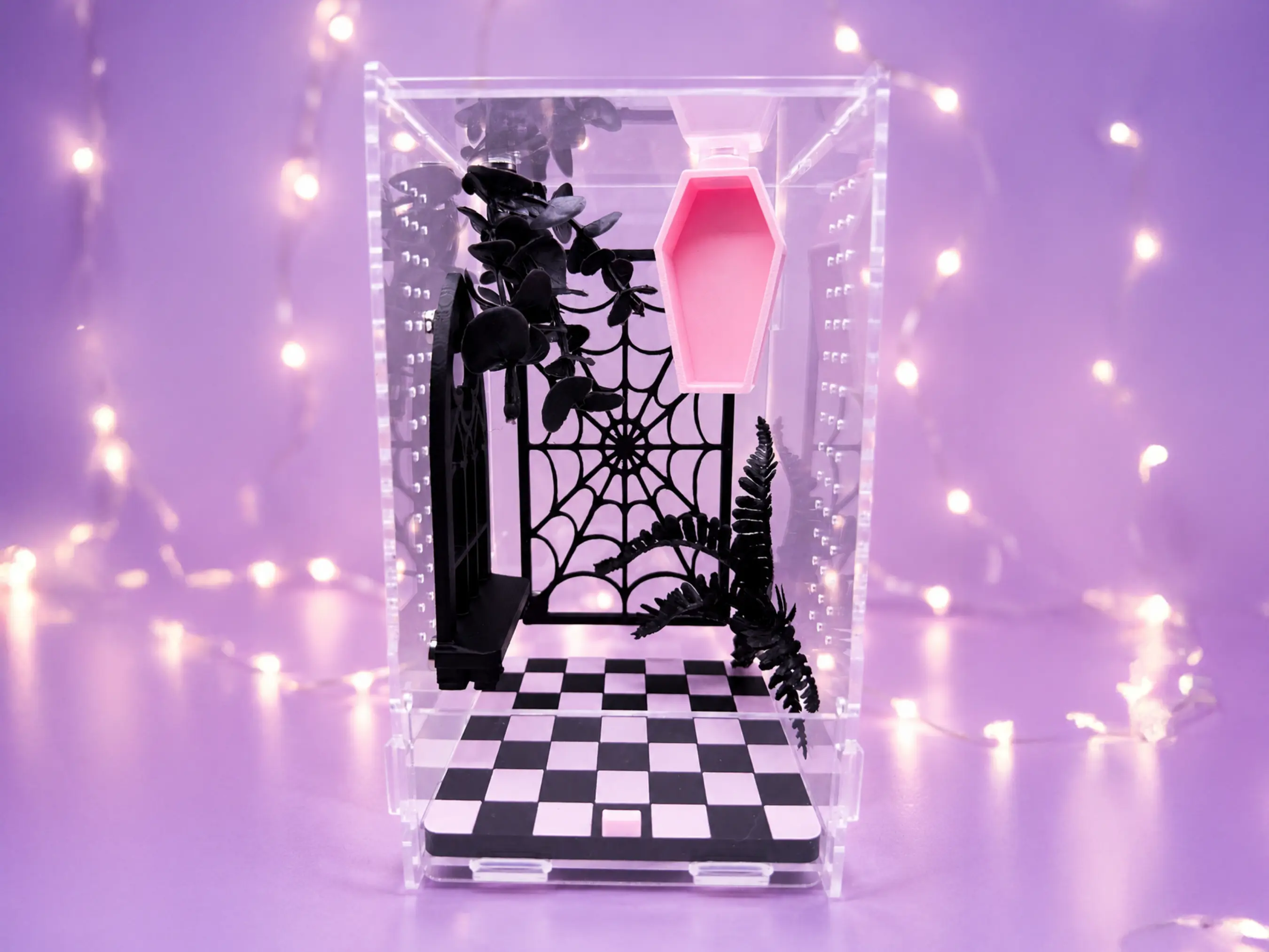 Jumping Spider Enclosure | Gothic Pink Coffin Habitat | Complete Jumping Spider Home with Hide, Climbing Wall & Ledge