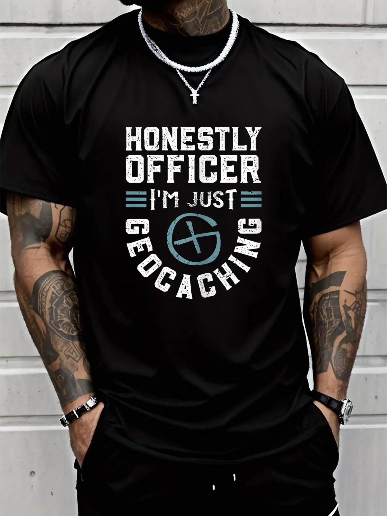 100% cotton Honestly Officer I'm Just GeoCaching Geocaching T-Shirt Men Graphic T-Shirt Cotton Print short Sleeve Casual Top, Summer Tee Mens Tops