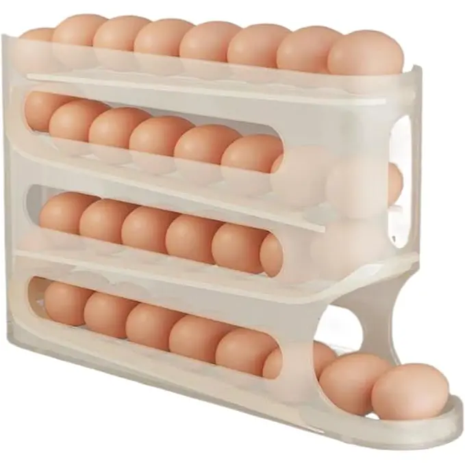 4-Tier Rolling Plastic Egg Storage Container with Automatic Roll, Refrigerator Space-Saving Egg Organizer
