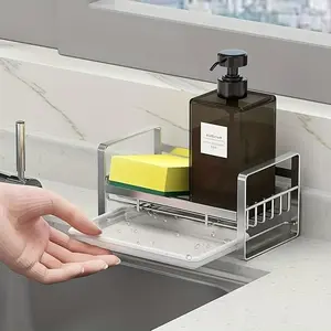 Kitchen Countertop Cleaning Storage Rack, Stainless Steel Drain Design, Detachable Water Tray, Sponge Holder Next to Sink