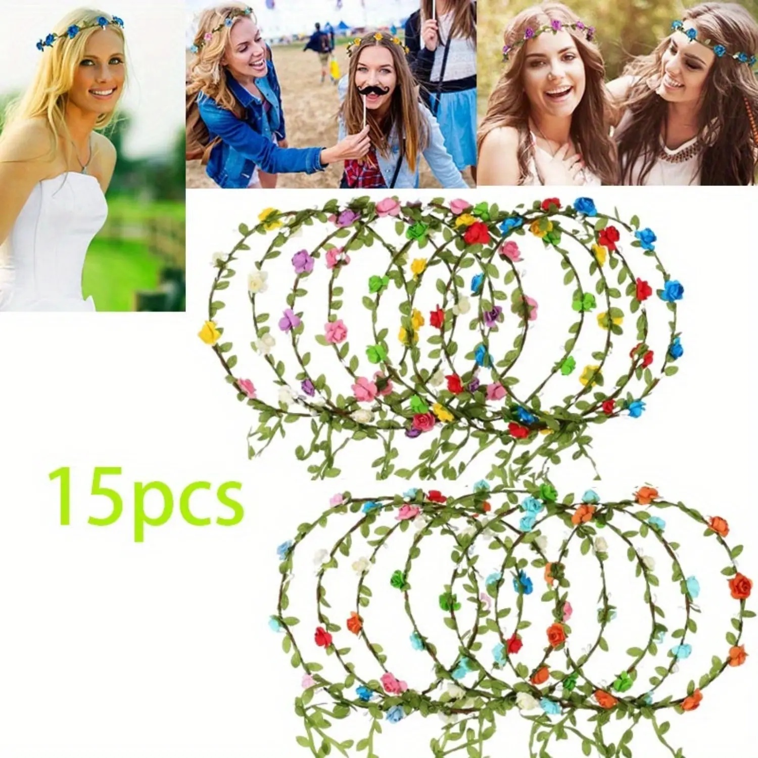 15Pcs Handmade Colorful Flower Crown Wreath Headbands - Flexible Fit Sports Headbands for Weddings, Outdoor Festival, Vacation Photography Bridal Hair Accessories