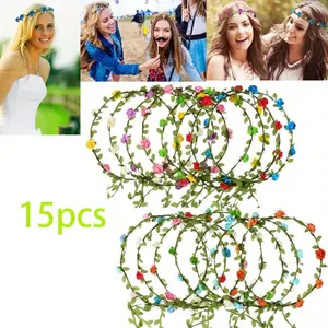 15Pcs Handmade Assorted Colors Flower Crown Wreath Headbands, Sports & Outdoor Festival Wedding Vacation Photography Props