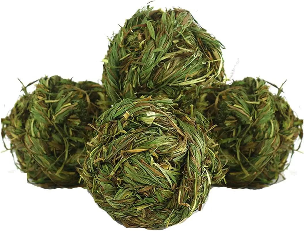Hamiledyi 4-Pack Woven Natural Timothy Grass Chew Balls - 2.8x2.8x2.8in Deep Base, Small Animal Chew Toys for Rabbits/Hamsters, Feeding & Teeth Health Supplies, Boredom Relief