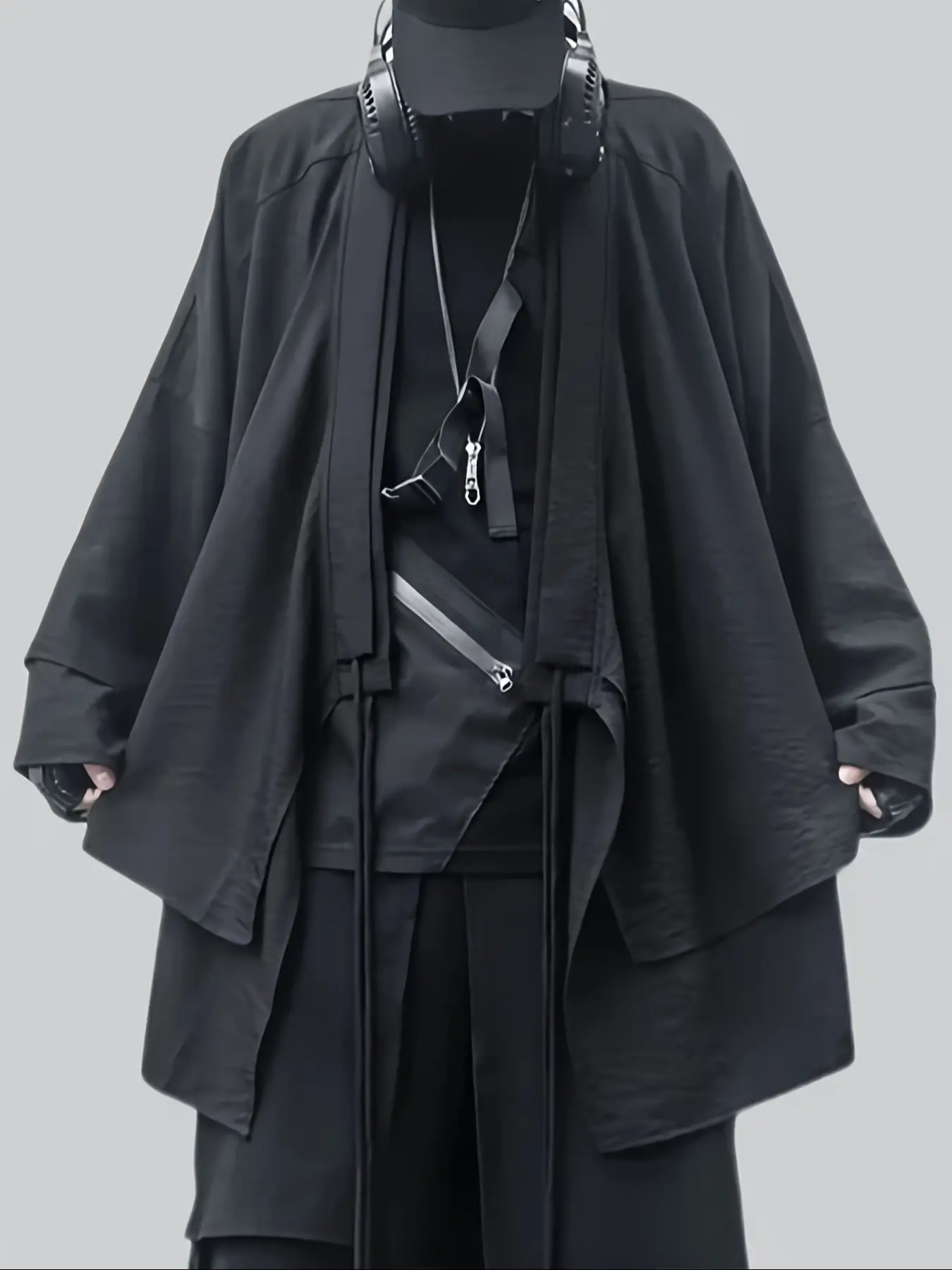 Men's Avant-Garde Black Kimono Jacket - Oversized Asymmetric Drawstring Loose Outerwear, Streetwear, Edgy Fashion Aesthetic Stylish Casual Street Style Piece for Urban Daily, Nightclub & Techwear Inspired Looks, Gifts for Men