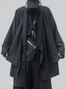 Men's Avant-Garde Black Kimono Jacket - Oversized Asymmetric Drawstring Outerwear, Edgy Street Style Piece for Urban Daily, Nightclub & Techwear Inspired Looks, Gifts for Men