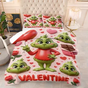 Valentine's Day Grinch Pattern Bedding Set, Includes 1 Quilt and 1 or 2 Pillowcases Without Pillows, Soft Bedroom Decor for Kids and Adults