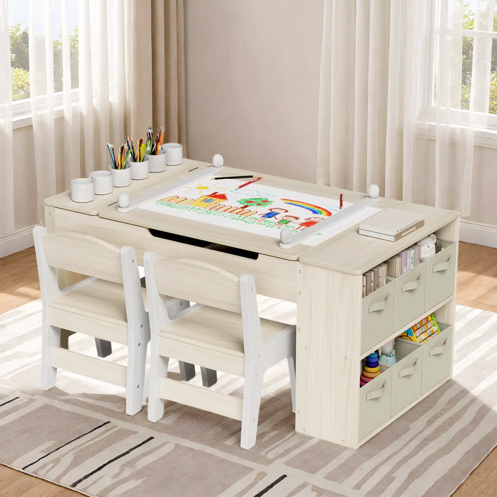 Arlopu 3 in 1 kids art table and chair set, kids art easel and wooden activity/craft table with 2 chairs, storage bins, paper roll, paint cups for Draw,play,crafts,read summerwins